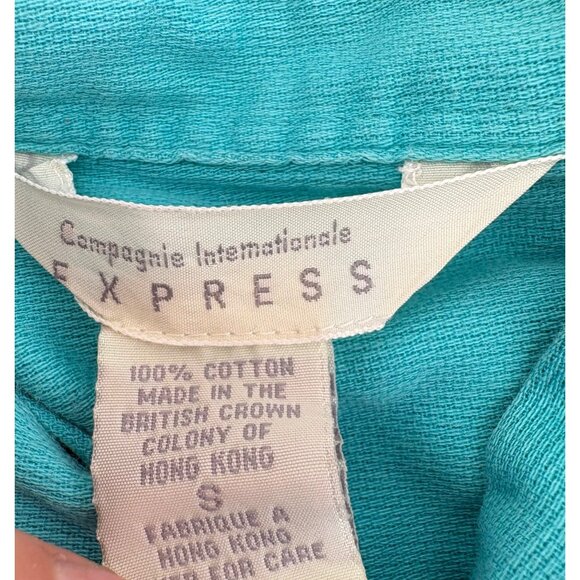Vintage Express Turquoise Short-Sleeve Button-Up Shirt S 100% Cotton Hong Kong - Picture 2 of 4